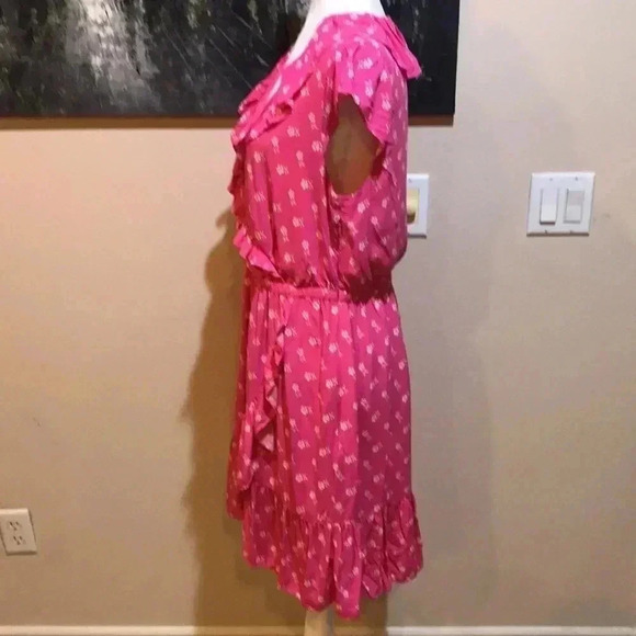 J. Crew V Neck Ruffle Floral Faux Wrap Dress Fuchsia Pink Size 10 - Picture 3 of 10